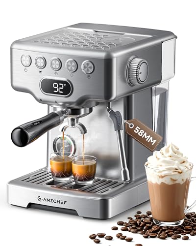 AMZCHEF Ultra Espresso Machine, 58mm Professional with PID Temperature Control for Light to Dark Roast Beans, Built-in Pressure Gauge & 10mm Steam Wand，Provides Barista-Level Lattes and Cappuccinos